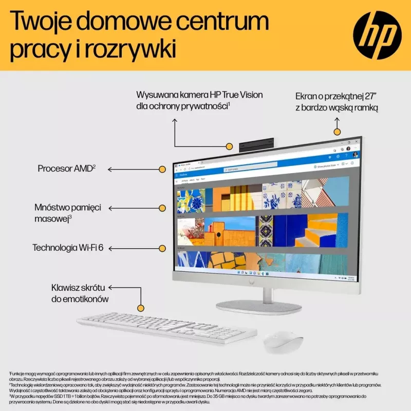 Komputer All-in-One HP 27-cr0222nw — Komputer stacjonarny All-in-One HP z procesorem AMD Ryzen 7 7730U, 16 GB RAM, 512 GB SSD, 27 cali FHD, Windows 11 Home, Wi‑Fi 6