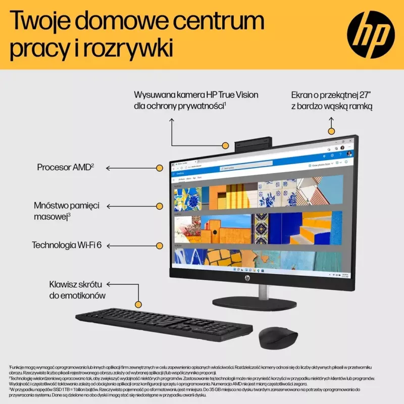 Komputer All-in-One HP 27-cr0232nw — AMD Ryzen 5 7520U, 16 GB RAM, 512 GB SSD, 27 cali FHD, Windows 11 Home, Wi‑Fi 6 (biały)