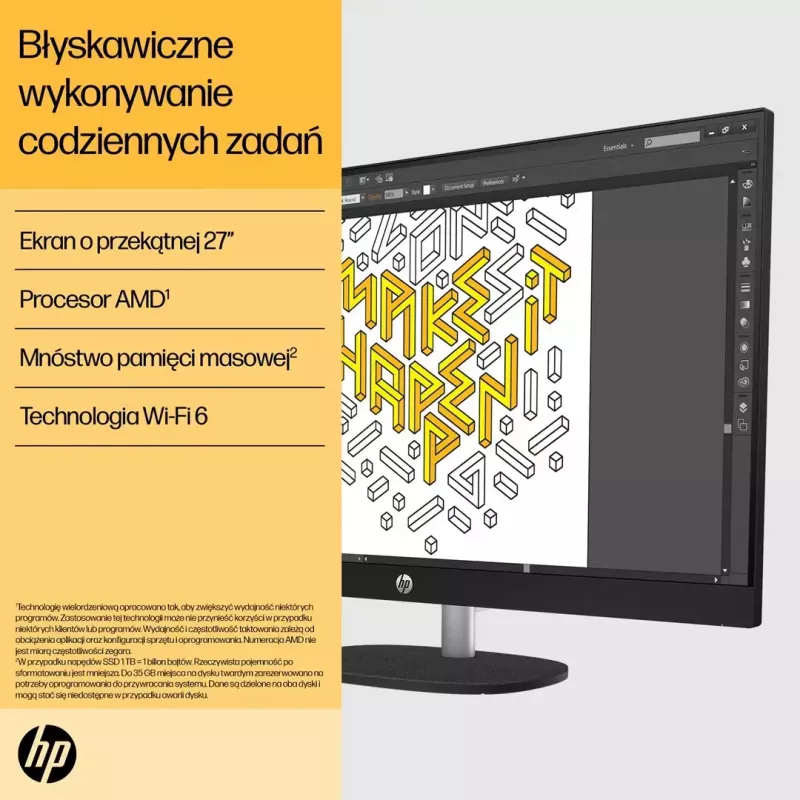 Komputer All-in-One HP 27-cr0232nw — AMD Ryzen 5 7520U, 16 GB RAM, 512 GB SSD, 27 cali FHD, Windows 11 Home, Wi‑Fi 6 (biały)