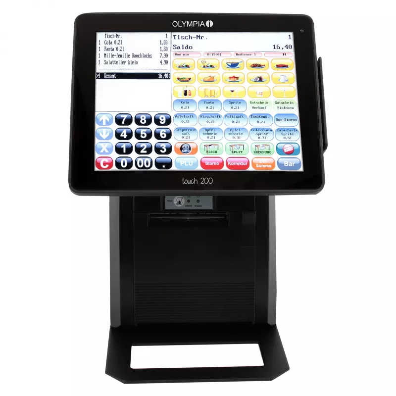 Wielofunkcyjna kasa fiskalna Olympia Touch 200 TSE — 9,7-calowy ekran dotykowy TFT, drukarka termotransferowa 170 mm/s, karta SD, czarna