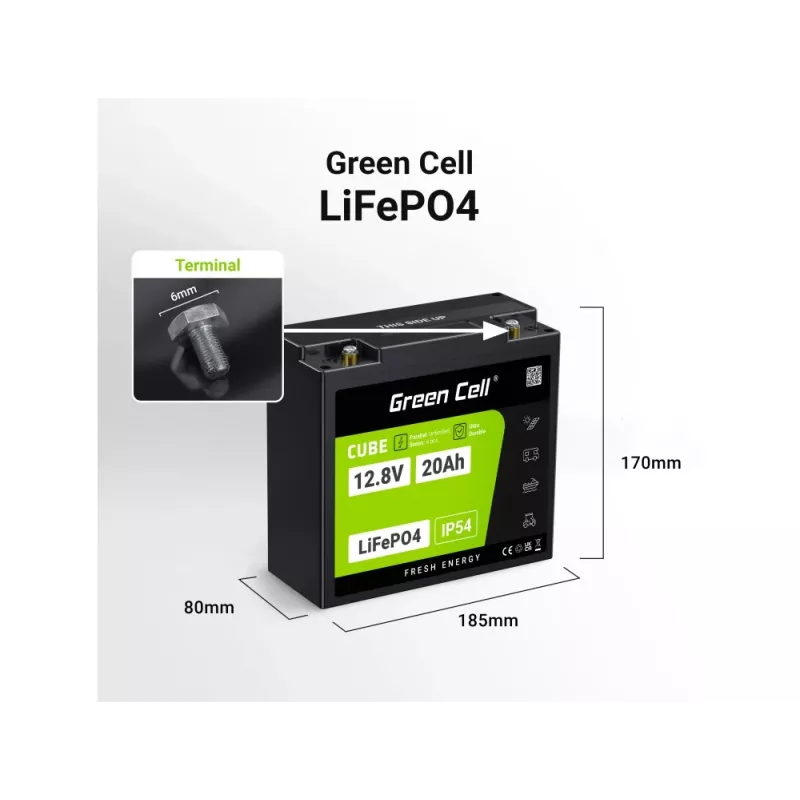 Akumulator UPS zielony Cell GC-LFPGC12V20AH litowo-żelazowo-fosforanowy 12,8 V 20 Ah, 256 Wh, 185 x 80 x 170 mm, 3 kg