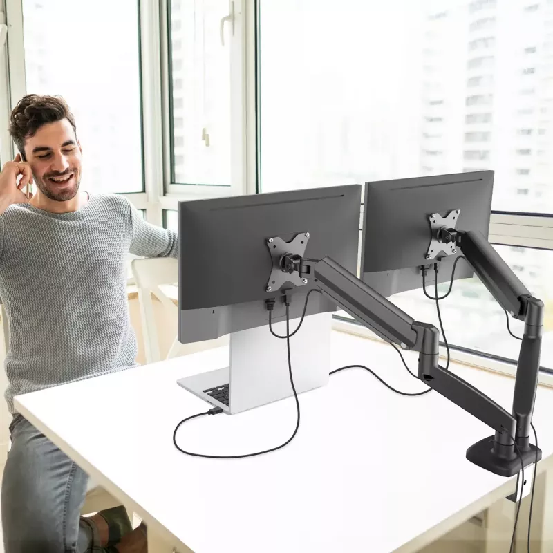 Ergonomiczne podwójne mocowanie monitora j5create JTSA102, czarne, zacisk/przelotka, 16 kg