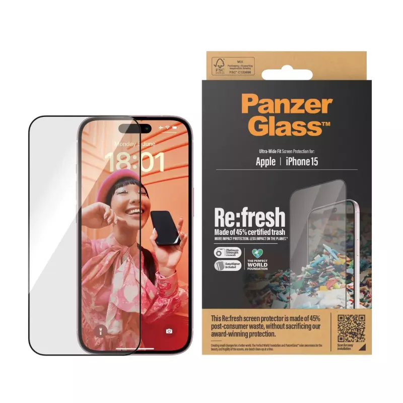 PanzerGlass ® Re:fresh Szkło Ochronne iPhone 15 Ultra-Wide Fit EasyAligner Odporność na Wstrząsy Transparentne