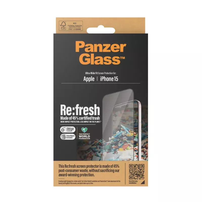 PanzerGlass ® Re:fresh Szkło Ochronne iPhone 15 Ultra-Wide Fit EasyAligner Odporność na Wstrząsy Transparentne