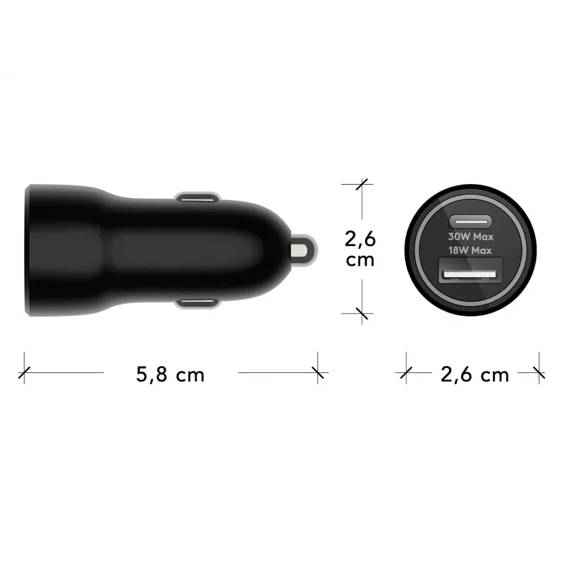 Ładowarka samochodowa d bramante re-charge — USB-C 30W + USB-A 18W, 12–24V, czarna