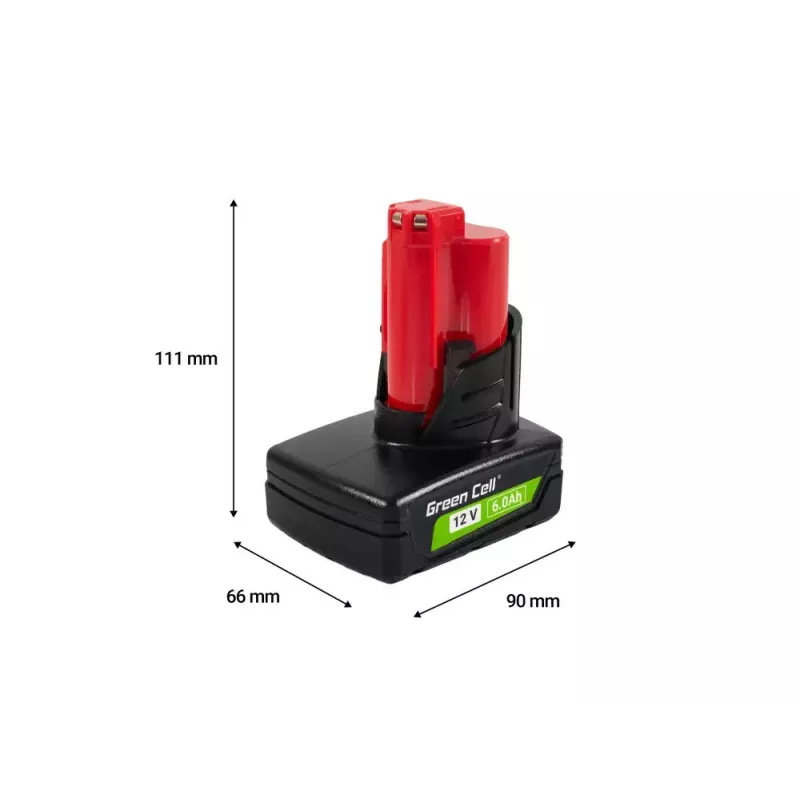Bateria do narzędzi bezprzewodowych Green Cell PTML12V6 12V Li-Ion 6 Ah, wymiary 6,6×9×11,1 cm