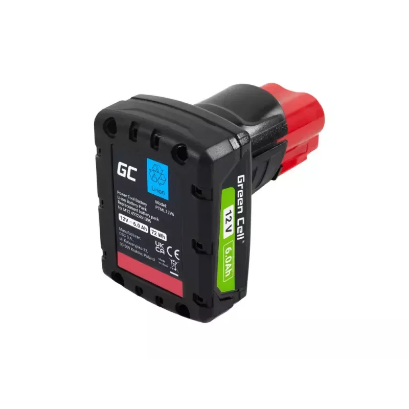 Bateria do narzędzi bezprzewodowych Green Cell PTML12V6 12V Li-Ion 6 Ah, wymiary 6,6×9×11,1 cm
