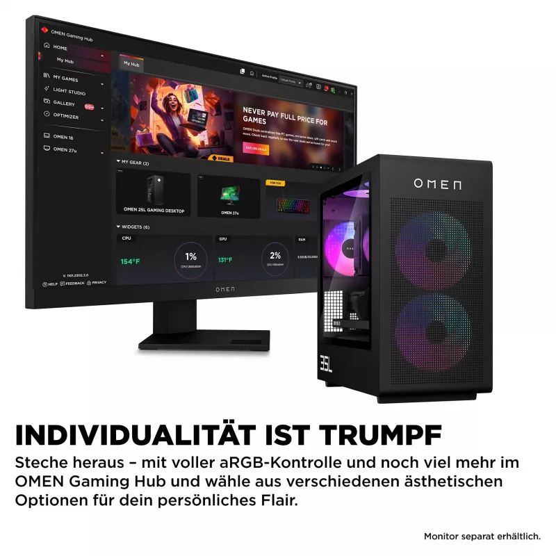 Komputer stacjonarny do gier OMEN GT16-1173ng — AMD Ryzen 7 9800X3D, 64 GB RAM, 2 TB SSD, Radeon 9700 XT 16G, Windows 11 Home