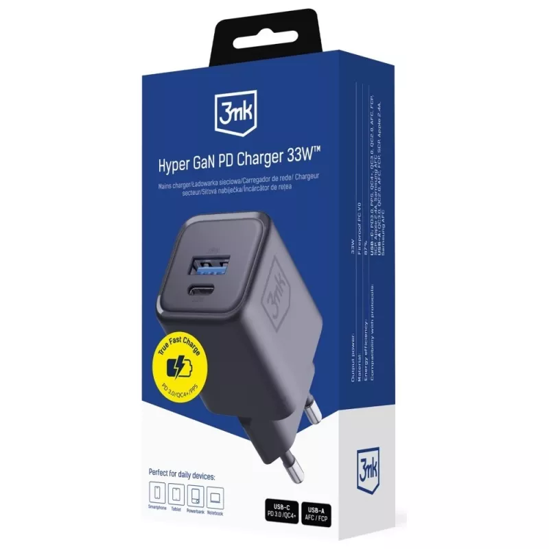 Ładowarka 3MK Hyper Charger PD 33W GaN QC4+ czarna — szybka ładowarka PD 33 W z technologią GaN