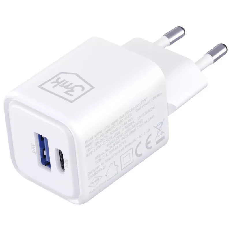 Ładowarka sieciowa 3MK Hyper Charger PD 33W GaN QC4+ biała — USB‑C PD 33W, GaN, Quick Charge 4+
