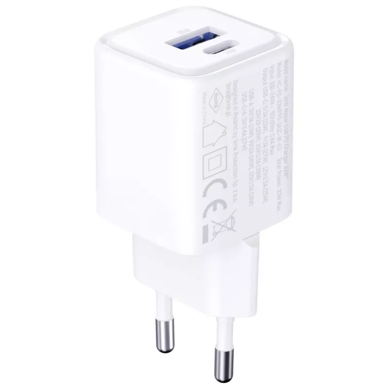 Ładowarka sieciowa 3MK Hyper Charger PD 33W GaN QC4+ biała — USB‑C PD 33W, GaN, Quick Charge 4+