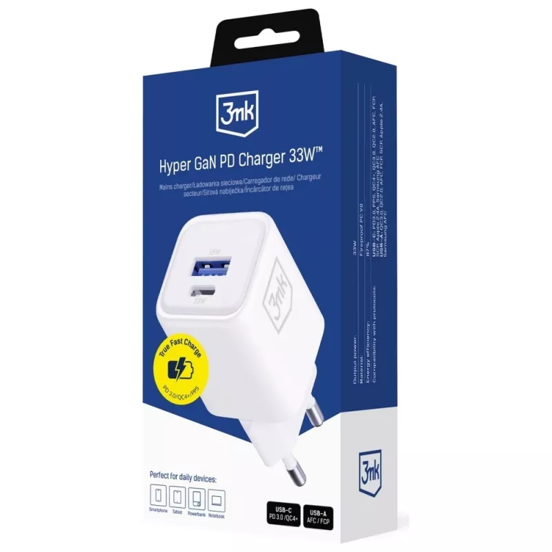 Ładowarka sieciowa 3MK Hyper Charger PD 33W GaN QC4+ biała — USB‑C PD 33W, GaN, Quick Charge 4+