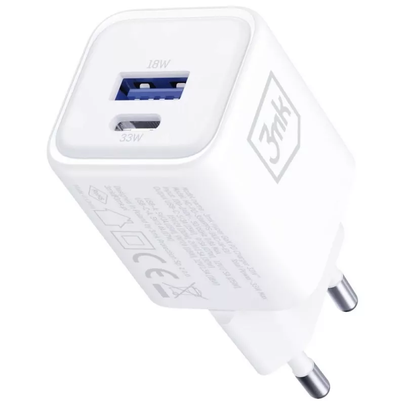Ładowarka sieciowa 3MK Hyper Charger PD 33W GaN QC4+ biała — USB‑C PD 33W, GaN, Quick Charge 4+