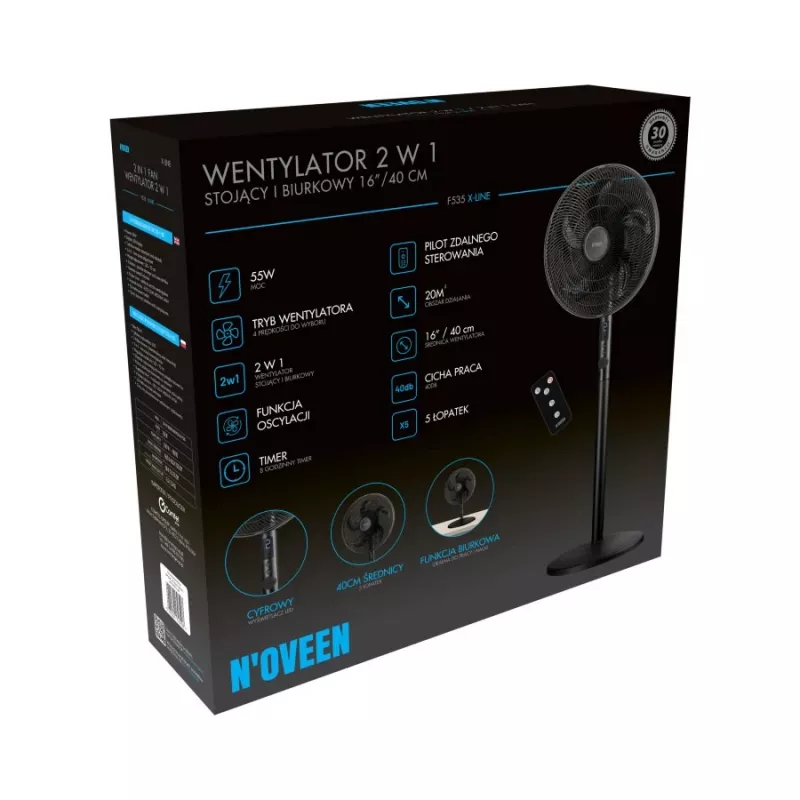 Noveen F535 X-Line Wentylator stojący i biurkowy 2 w 1, 40 cm, czarny