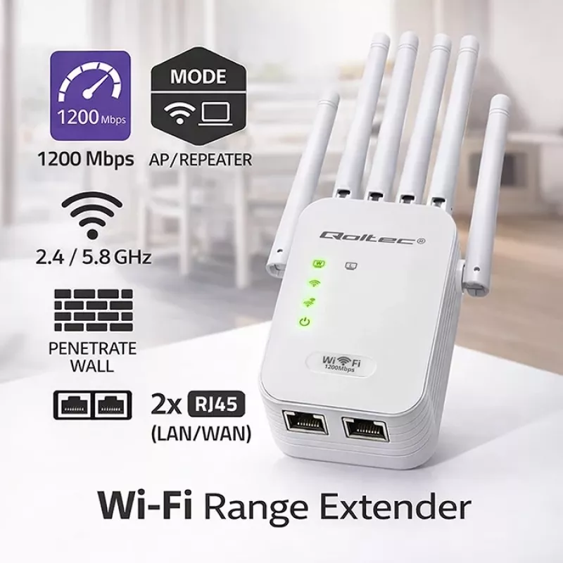 Wzmacniacz sygnału Wi‑Fi QOLTEC AC1200 – dwuzakresowy wzmacniacz sygnału QOLTEC AC1200