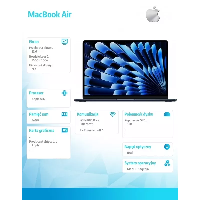 Laptop Apple Macbook Air M4 13,6 cala 24 GB 1 TB Mac OS