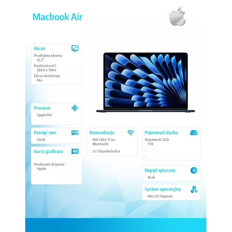 Laptop Apple MacBook Air M4 15,3 cala 24 GB 1 TB macOS Midnight 70 W