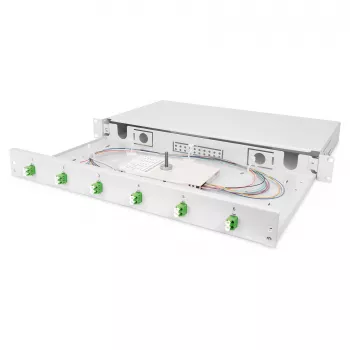 Skrzynka rozdzielcza światłowodowa DIGITUS DN-96330/9APC 1U, wyposażona w 6x LC-APC DX, OS2, polimer/stal, jasnoszara