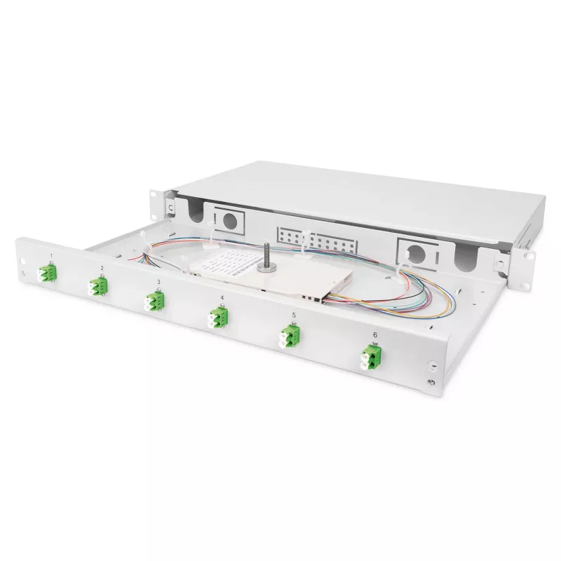 Skrzynka rozdzielcza światłowodowa DIGITUS DN-96330/9APC 1U, wyposażona w 6x LC-APC DX, OS2, polimer/stal, jasnoszara