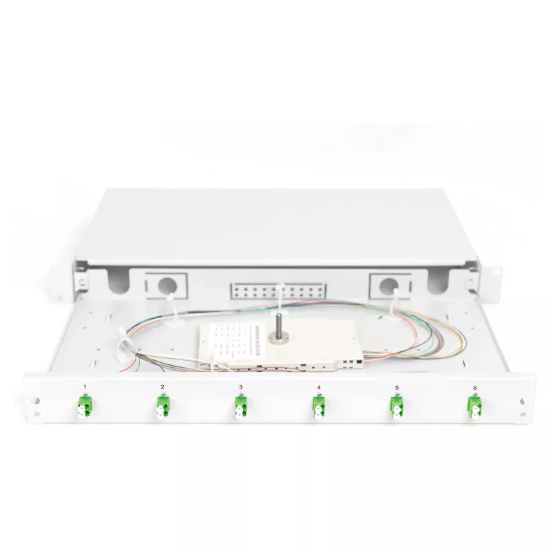 Skrzynka rozdzielcza światłowodowa DIGITUS DN-96330/9APC 1U, wyposażona w 6x LC-APC DX, OS2, polimer/stal, jasnoszara