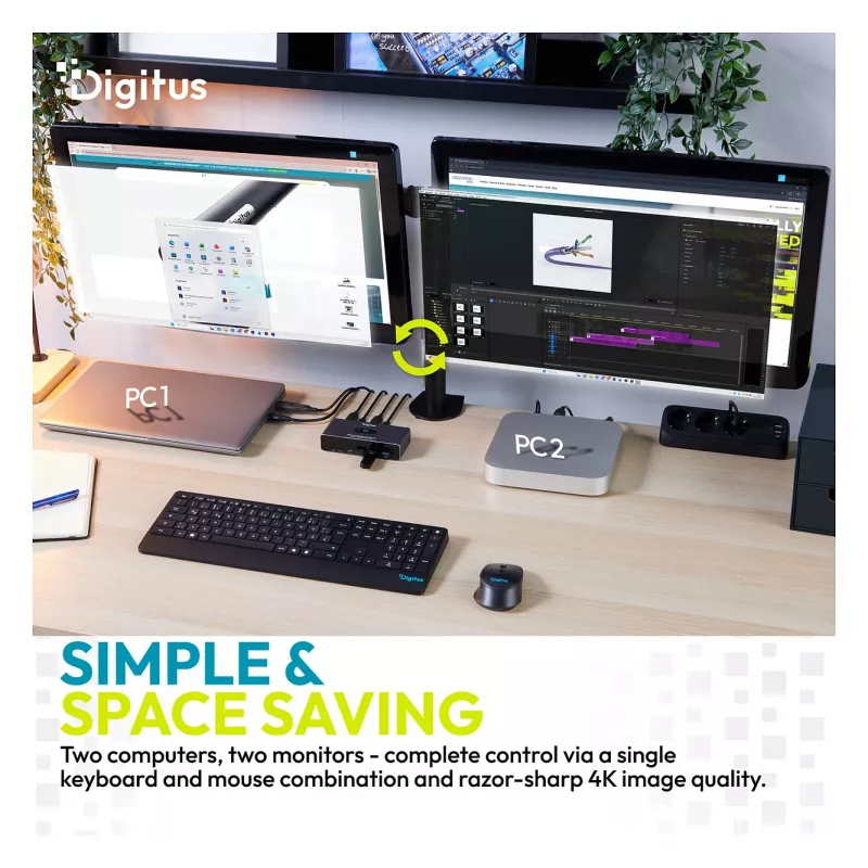 Przełącznik KVM DIGITUS DS-12856 USB-C/USB-A 2‑portowy Dual HDMI 4K60Hz (USB 3.2 Gen 1)