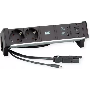Moduł zasilający Bachmann DESK2 ALU Czarny — biurkowa jednostka gniazdkowa z 2x gniazdem CEE7/3, kablem 1,0 m, 1x ładowarką USB 22 W