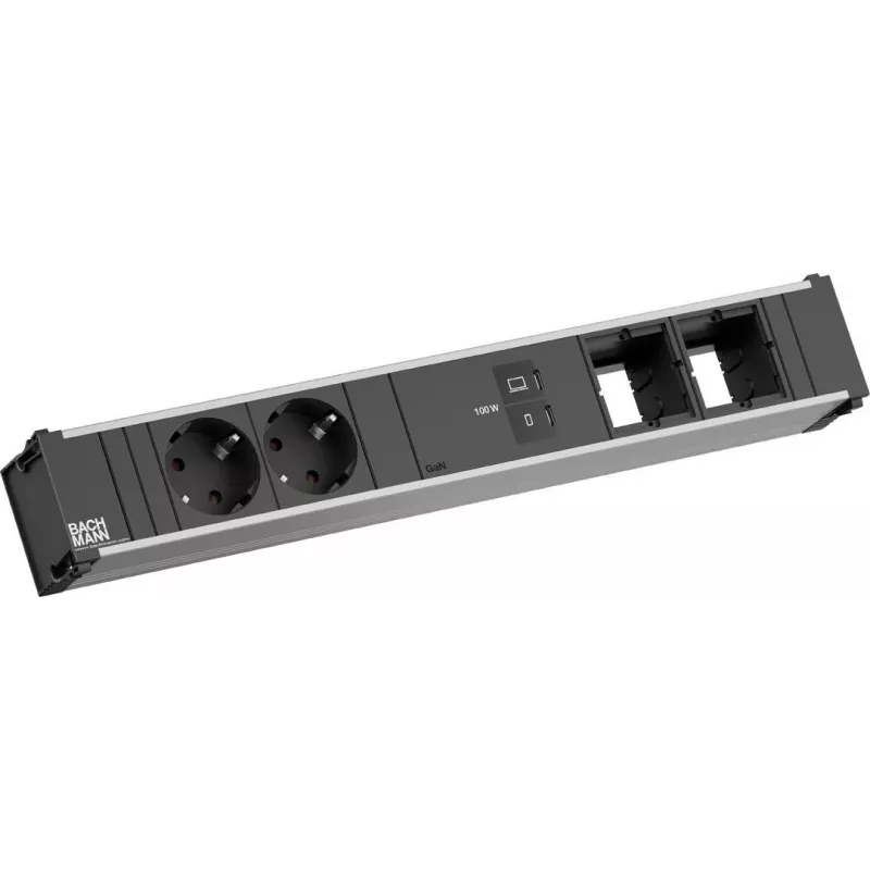 Listwa zasilająca Bachmann CONI z 2 gniazdami CEE 7/3 i 1 USB-C 100 W, 2 złączami montowanymi na kablu, kabel 0,2 m