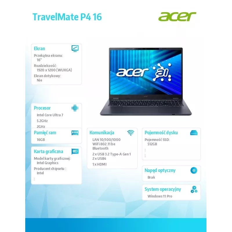 Laptop Acer TravelMate P4 TMP416-54-TCO z procesorem Intel Ultra 7 255U, 16 GB RAM, 512 GB SSD, Windows 11 Pro