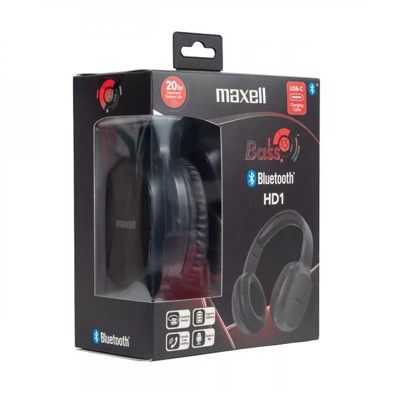 MAXELL HD1 BASS Słuchawki Bluetooth z ładowaniem USB-C, basowym dźwiękiem, bezprzewodowe nauszne