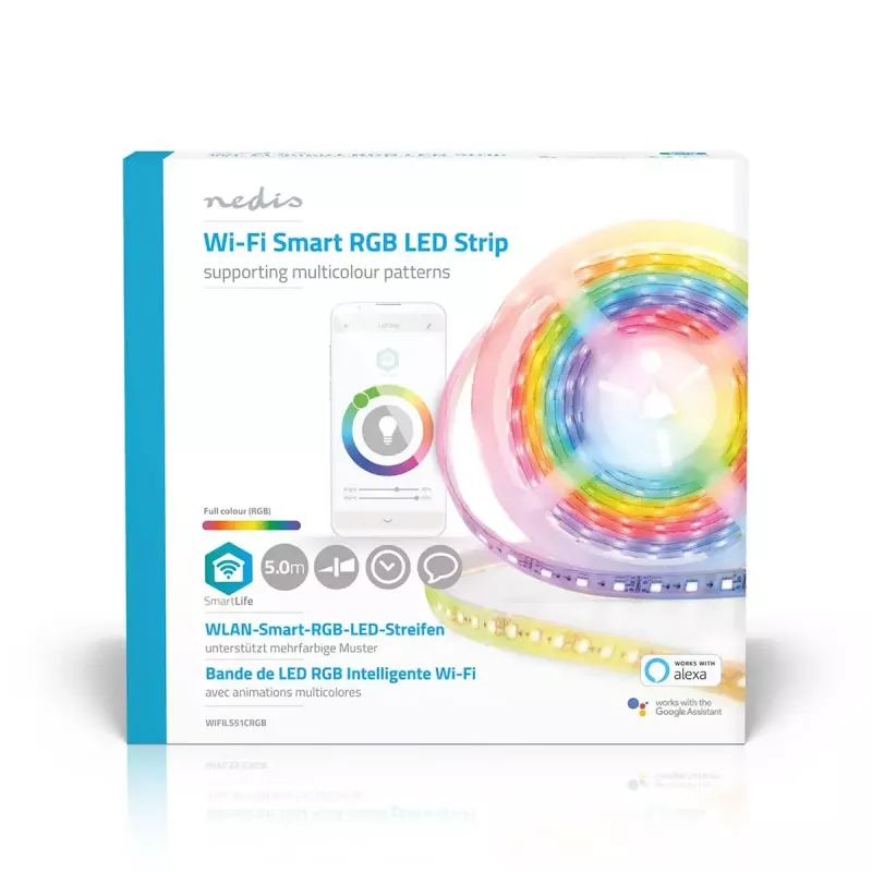 Inteligentny pasek LED Nedis WIFILS51CRGB — Wi‑Fi, RGB, 24 W, kabel 1 m, szerokość 12 mm