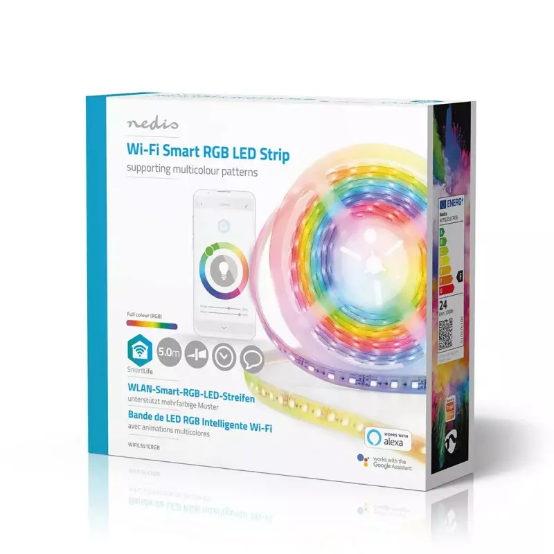 Inteligentny pasek LED Nedis WIFILS51CRGB — Wi‑Fi, RGB, 24 W, kabel 1 m, szerokość 12 mm