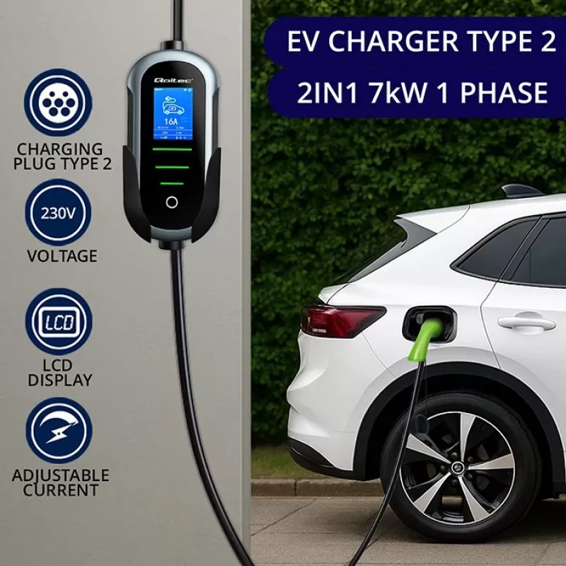 Ładowarka samochodowa elektryczna naścienna QOLTEC 7 kW 230V CEE 32A z Wi‑Fi i LCD (model 52721)