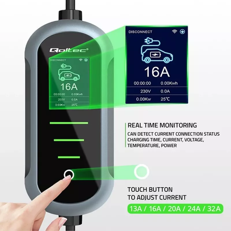 Ładowarka samochodowa elektryczna naścienna QOLTEC 7 kW 230V CEE 32A z Wi‑Fi i LCD (model 52721)