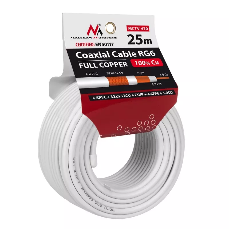 Kabel koncentryczny MACLEAN MCTV-470 RG-6/U 25 m, biały