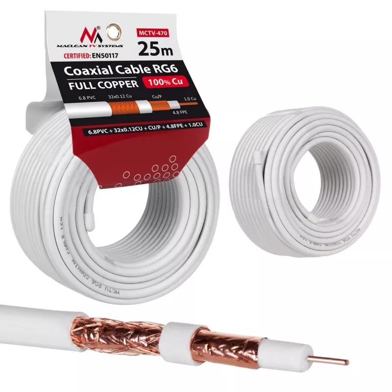 Kabel koncentryczny MACLEAN MCTV-470 RG-6/U 25 m, biały
