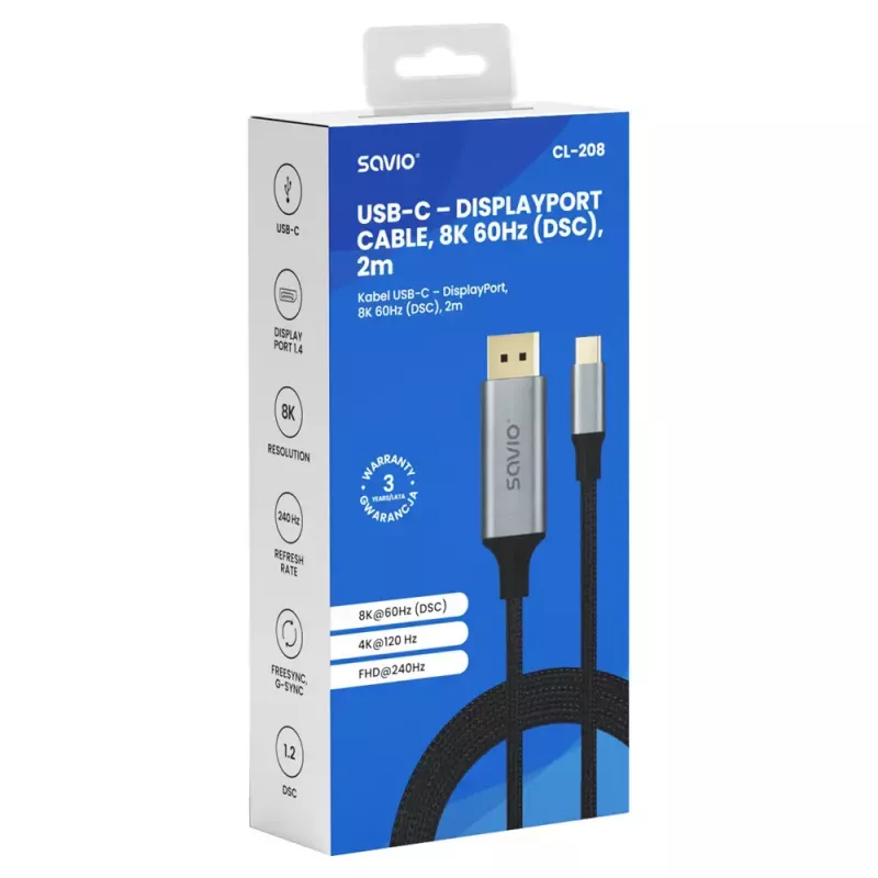 Kabel USB-C do DisplayPort SAVIO CL-208 (DisplayPort 1.2, 2 m)