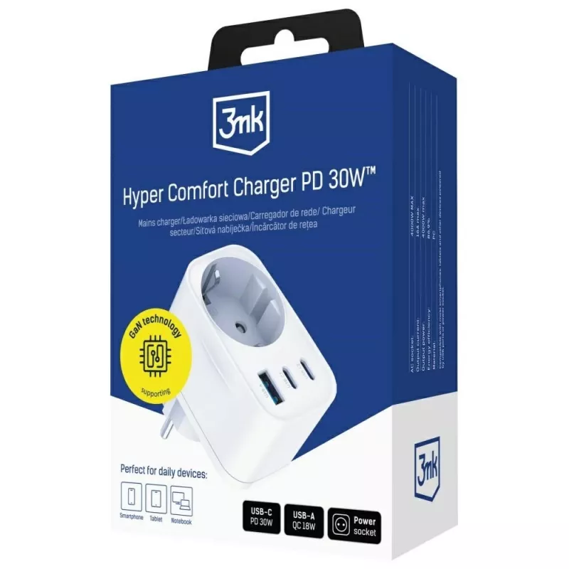 3MK Comfort Charger GaN 30W Biały – Zasilacz USB, moc 30W GaN