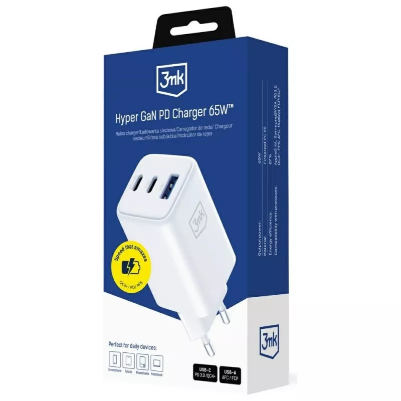 3MK Charger Hyper GaN 65W QC4+ — Szybka ładowarka USB GaN 65W z obsługą QC4+