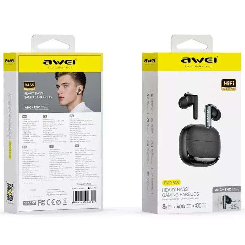 Słuchawki Bluetooth Awei model ANC TA19 TWS z aktywną redukcją szumów, prawdziwie bezprzewodowe stereo, łączność Bluetooth
