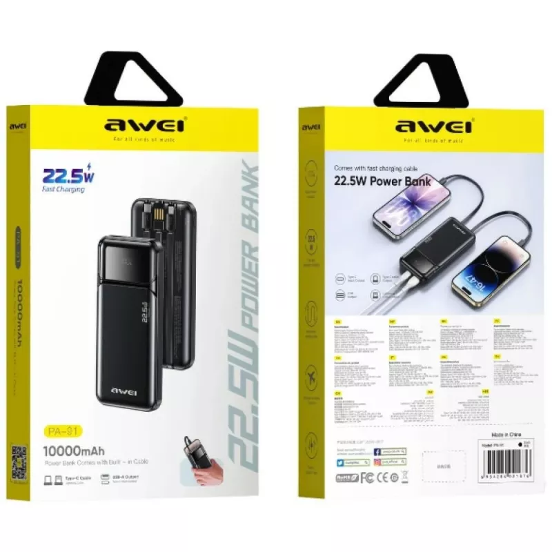 Powerbank Awei PA-91 10000mAh 22,5W PD 2xUSB-C + Kabel Czarny