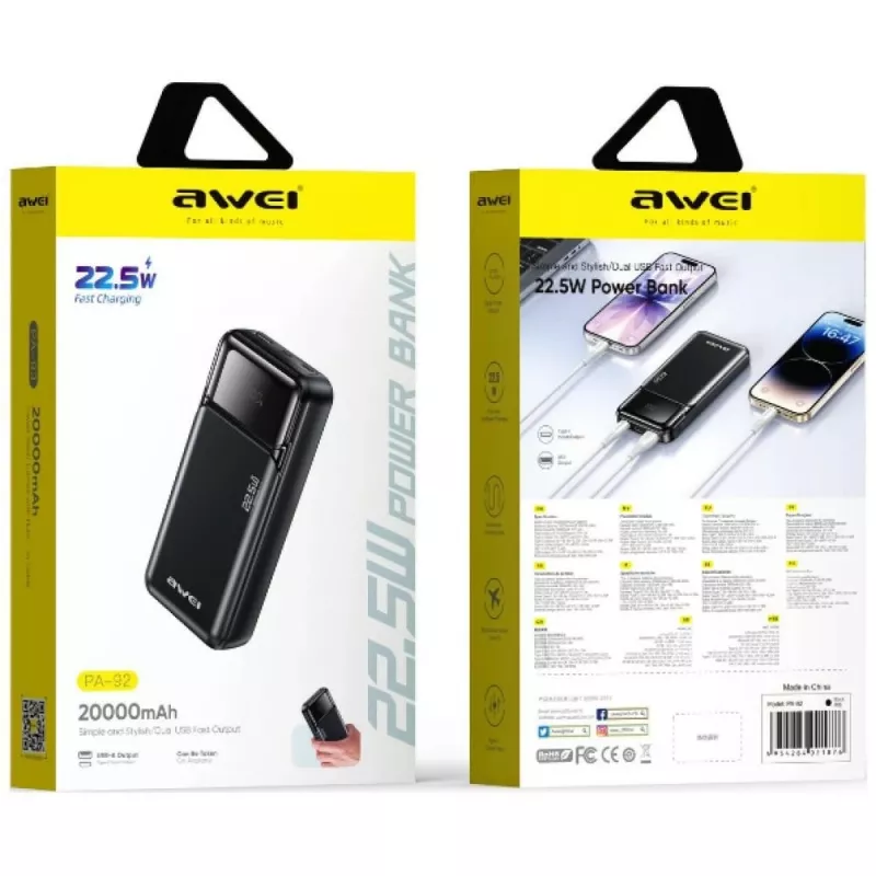 Powerbank Awei PA-92 20000mAh 22,5 W PD z 2 portami USB-C