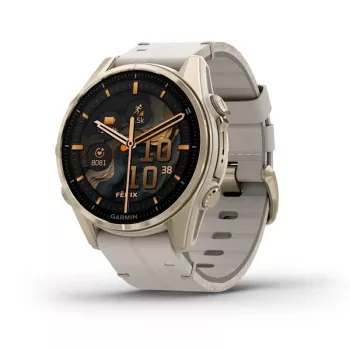 Smartwatch GARMIN Fenix 8 43 mm, 1.3-calowy AMOLED 416×416, ekran dotykowy, Wi‑Fi, GPS, 32 GB, złota koperta, szary skórzany pasek