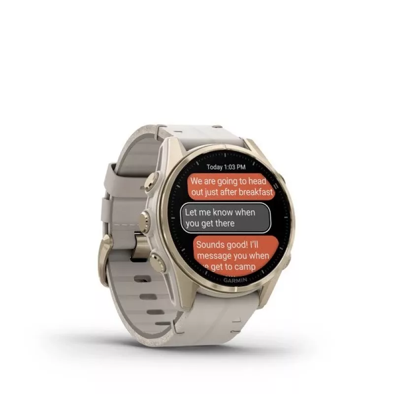 Smartwatch GARMIN Fenix 8 43 mm, 1.3-calowy AMOLED 416×416, ekran dotykowy, Wi‑Fi, GPS, 32 GB, złota koperta, szary skórzany pasek