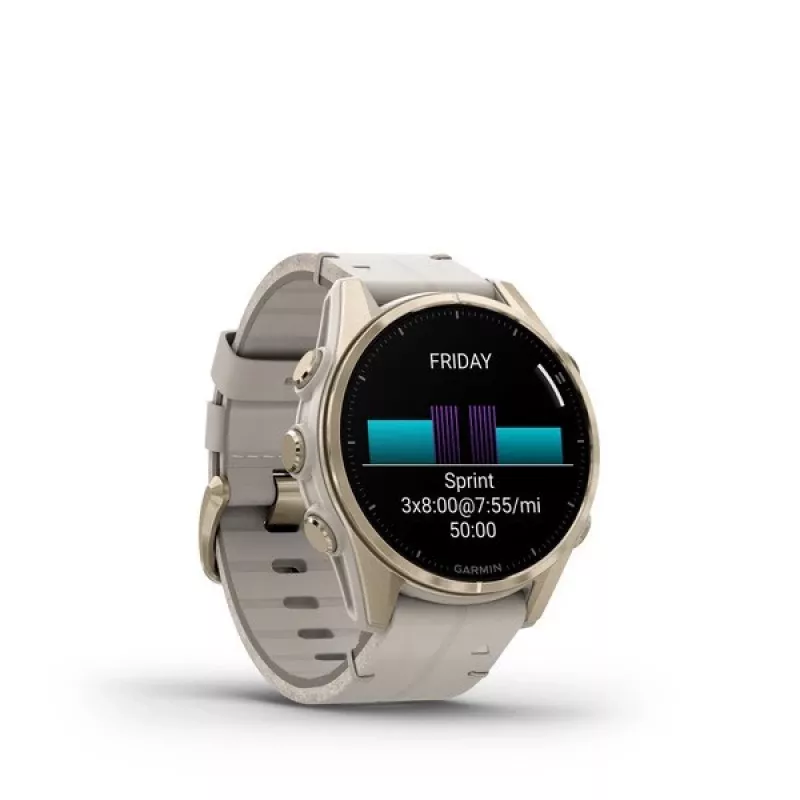 Smartwatch GARMIN Fenix 8 43 mm, 1.3-calowy AMOLED 416×416, ekran dotykowy, Wi‑Fi, GPS, 32 GB, złota koperta, szary skórzany pasek