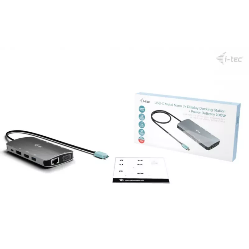 Stacja dokująca ITEC i-tec USB-C Metal Nano 3x Display (DP, HDMI, VGA) z Power Delivery 100 W, 4x USB-A, Gigabit Ethernet