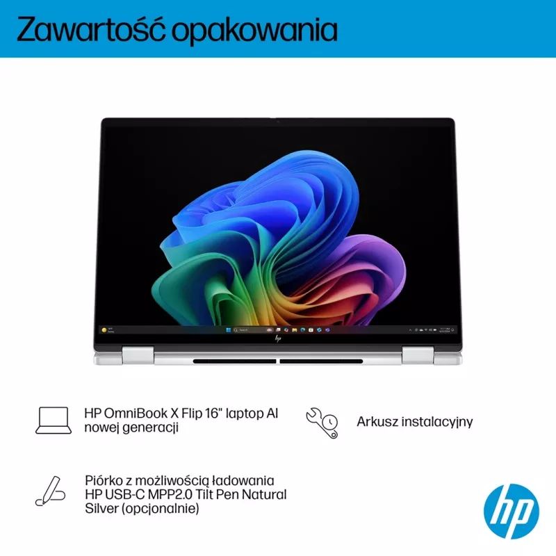 2-w-1 HP OmniBook X Flip NG AI 16-as0003nw laptop, 16-calowy dotykowy OLED 3K, 32 GB RAM, 1 TB SSD, Windows 11 Home, Ultra 7 258V, Glacier srebrny