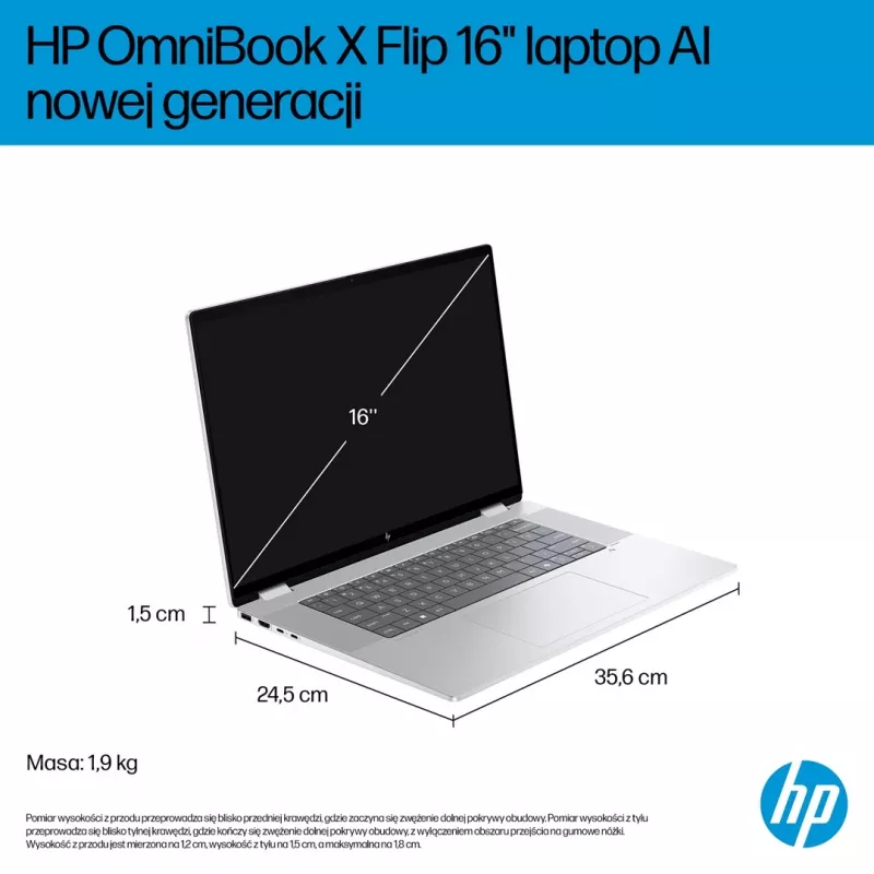 2-w-1 HP OmniBook X Flip NG AI 16-as0003nw laptop, 16-calowy dotykowy OLED 3K, 32 GB RAM, 1 TB SSD, Windows 11 Home, Ultra 7 258V, Glacier srebrny