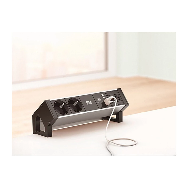 BACHMANN DESK2 ALU Czarny 2x gniazdo z uziemieniem 1x ładowarka USB 1x ABD GST18