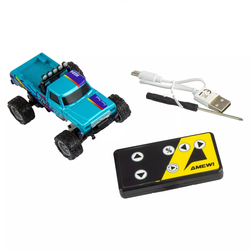 RC Monster Truck Amewi DieCast 1:64 RTR niebieski – odlewany metalowy model w skali 1:64, gotowy do jazdy
