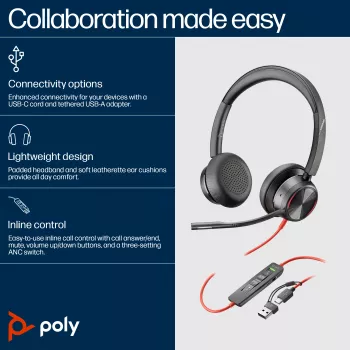 HP Poly Czarnywire 8225 USB-C Headset, Wired, Office/Call center, 185 g, Headset, Czarny